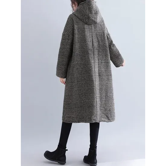 Loose Plaid Woolen Hood Coat Loose Plaid Woolen Hood Coat