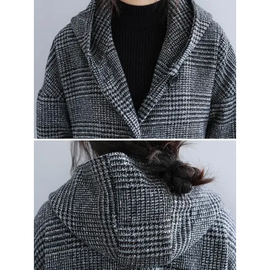 Loose Plaid Woolen Hood Coat Loose Plaid Woolen Hood Coat