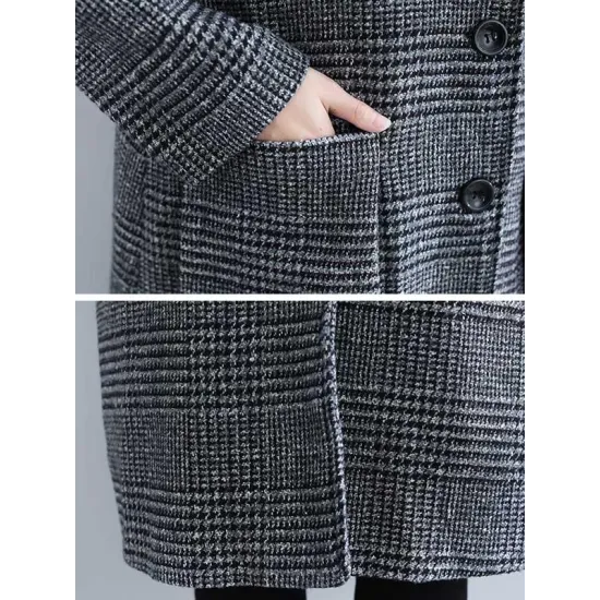 Loose Plaid Woolen Hood Coat Loose Plaid Woolen Hood Coat