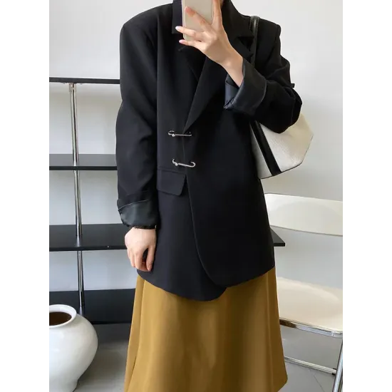 Urban Long Sleeves Loose Solid Color Pin Lapel Collar Suit Outerwear Urban Long Sleeves Loose Solid Color Pin Lapel Collar Suit Outerwear