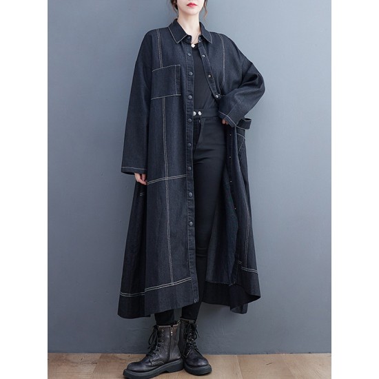 Casual Loose Long Sleeves Buttoned Lapel Collar Denim Trench Coats Casual Loose Long Sleeves Buttoned Lapel Collar Denim Trench Coats