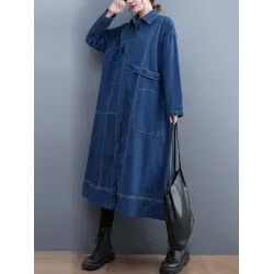 Casual Loose Long Sleeves Buttoned Lapel Collar Denim Trench Coats