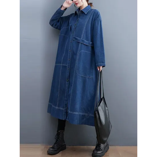 Casual Loose Long Sleeves Buttoned Lapel Collar Denim Trench Coats Casual Loose Long Sleeves Buttoned Lapel Collar Denim Trench Coats
