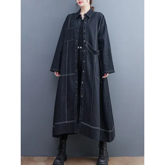 Casual Loose Long Sleeves Buttoned Lapel Collar Denim Trench Coats Casual Loose Long Sleeves Buttoned Lapel Collar Denim Trench Coats