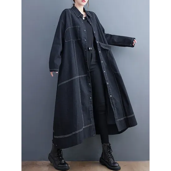 Casual Loose Long Sleeves Buttoned Lapel Collar Denim Trench Coats Casual Loose Long Sleeves Buttoned Lapel Collar Denim Trench Coats