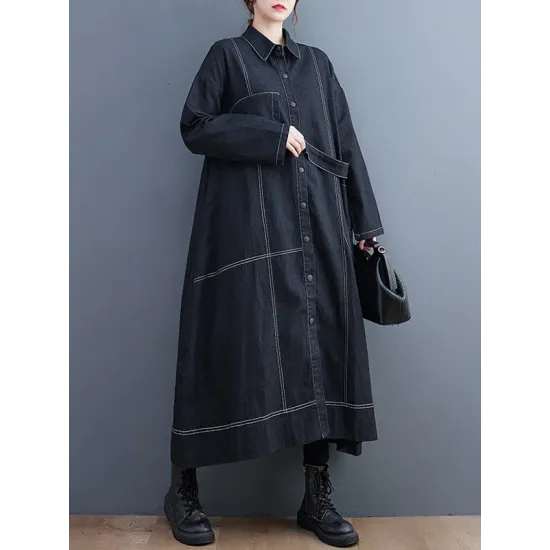 Casual Loose Long Sleeves Buttoned Lapel Collar Denim Trench Coats Casual Loose Long Sleeves Buttoned Lapel Collar Denim Trench Coats