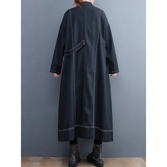 Casual Loose Long Sleeves Buttoned Lapel Collar Denim Trench Coats Casual Loose Long Sleeves Buttoned Lapel Collar Denim Trench Coats