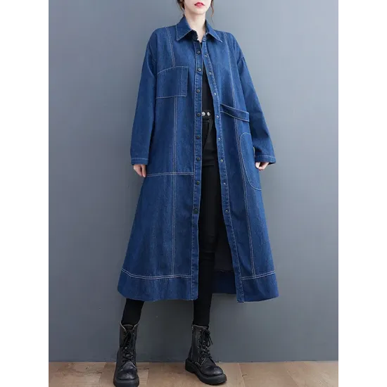 Casual Loose Long Sleeves Buttoned Lapel Collar Denim Trench Coats Casual Loose Long Sleeves Buttoned Lapel Collar Denim Trench Coats