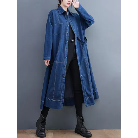 Casual Loose Long Sleeves Buttoned Lapel Collar Denim Trench Coats Casual Loose Long Sleeves Buttoned Lapel Collar Denim Trench Coats