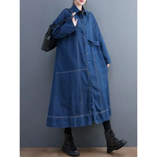Casual Loose Long Sleeves Buttoned Lapel Collar Denim Trench Coats Casual Loose Long Sleeves Buttoned Lapel Collar Denim Trench Coats