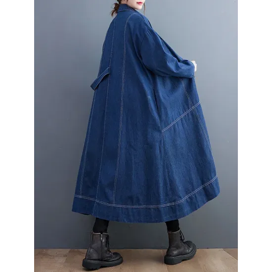 Casual Loose Long Sleeves Buttoned Lapel Collar Denim Trench Coats Casual Loose Long Sleeves Buttoned Lapel Collar Denim Trench Coats