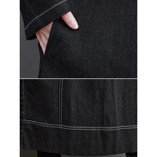Casual Loose Long Sleeves Buttoned Lapel Collar Denim Trench Coats Casual Loose Long Sleeves Buttoned Lapel Collar Denim Trench Coats