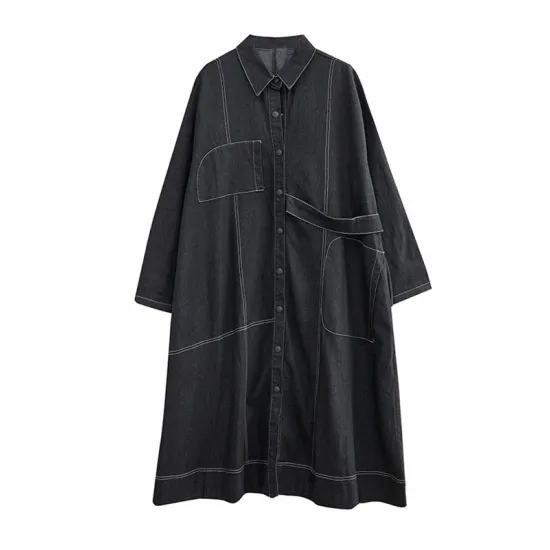 Casual Loose Long Sleeves Buttoned Lapel Collar Denim Trench Coats Casual Loose Long Sleeves Buttoned Lapel Collar Denim Trench Coats