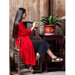 Soft Red Ramie Cotton Linen Cover-up Cardigan