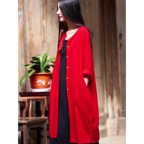 Soft Red Ramie Cotton Linen Cover-up Cardigan Soft Red Ramie Cotton Linen Cover-up Cardigan