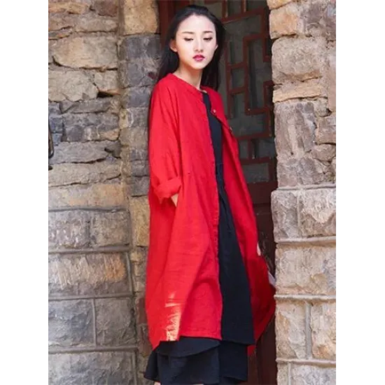Soft Red Ramie Cotton Linen Cover-up Cardigan Soft Red Ramie Cotton Linen Cover-up Cardigan