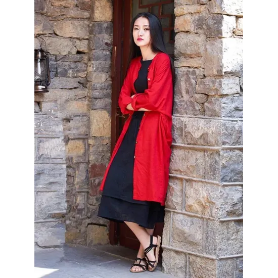 Soft Red Ramie Cotton Linen Cover-up Cardigan Soft Red Ramie Cotton Linen Cover-up Cardigan