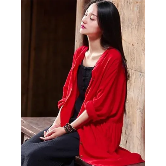 Soft Red Ramie Cotton Linen Cover-up Cardigan Soft Red Ramie Cotton Linen Cover-up Cardigan