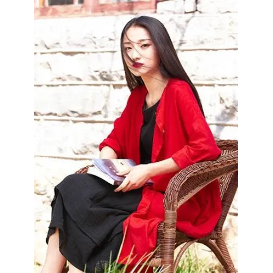 Soft Red Ramie Cotton Linen Cover-up Cardigan Soft Red Ramie Cotton Linen Cover-up Cardigan
