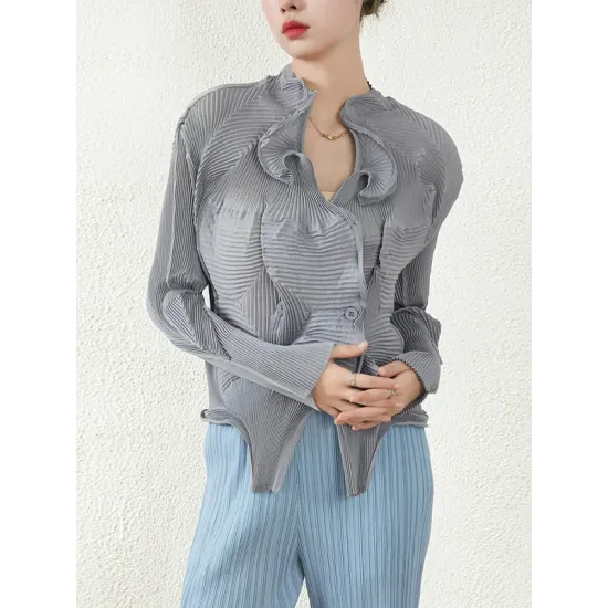 Original Creation Irregularity Long Sleeves Buttoned Pleated Solid Color Outerwear