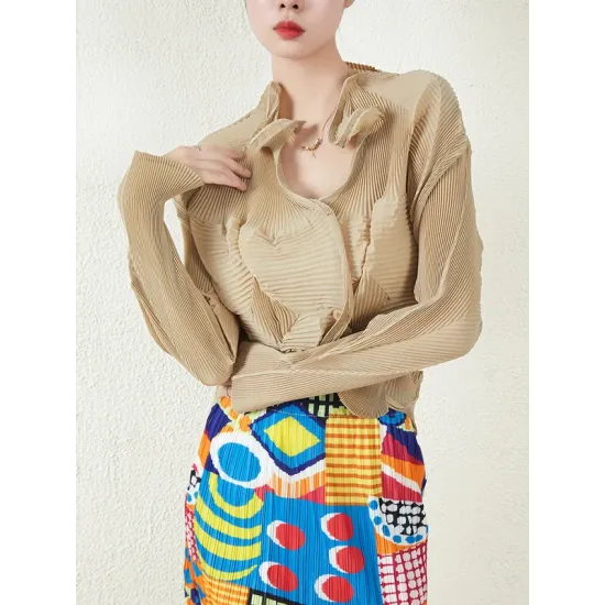 Original Creation Irregularity Long Sleeves Buttoned Pleated Solid Color Outerwear