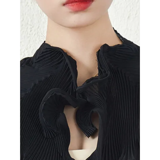 Original Creation Irregularity Long Sleeves Buttoned Pleated Solid Color Outerwear