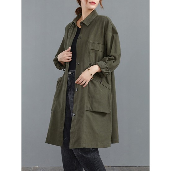 Casual Loose Solid Color Buttoned Lapel Collar Long Sleeves Trench Coat Casual Loose Solid Color Buttoned Lapel Collar Long Sleeves Trench Coat