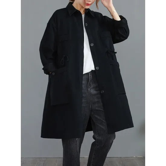 Casual Loose Solid Color Buttoned Lapel Collar Long Sleeves Trench Coat Casual Loose Solid Color Buttoned Lapel Collar Long Sleeves Trench Coat