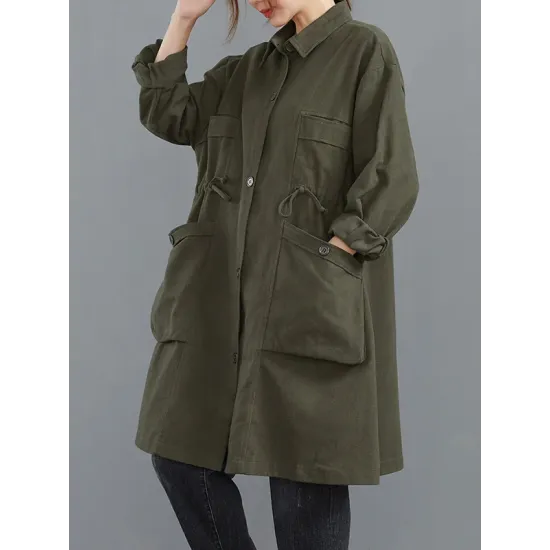 Casual Loose Solid Color Buttoned Lapel Collar Long Sleeves Trench Coat Casual Loose Solid Color Buttoned Lapel Collar Long Sleeves Trench Coat