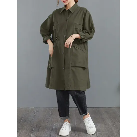 Casual Loose Solid Color Buttoned Lapel Collar Long Sleeves Trench Coat Casual Loose Solid Color Buttoned Lapel Collar Long Sleeves Trench Coat