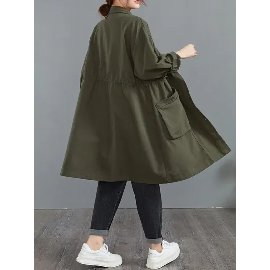 Casual Loose Solid Color Buttoned Lapel Collar Long Sleeves Trench Coat Casual Loose Solid Color Buttoned Lapel Collar Long Sleeves Trench Coat