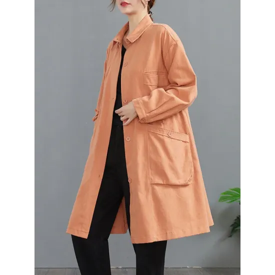 Casual Loose Solid Color Buttoned Lapel Collar Long Sleeves Trench Coat Casual Loose Solid Color Buttoned Lapel Collar Long Sleeves Trench Coat