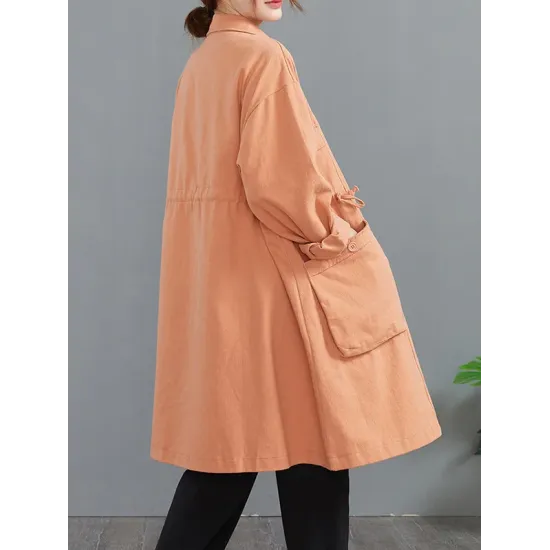 Casual Loose Solid Color Buttoned Lapel Collar Long Sleeves Trench Coat Casual Loose Solid Color Buttoned Lapel Collar Long Sleeves Trench Coat