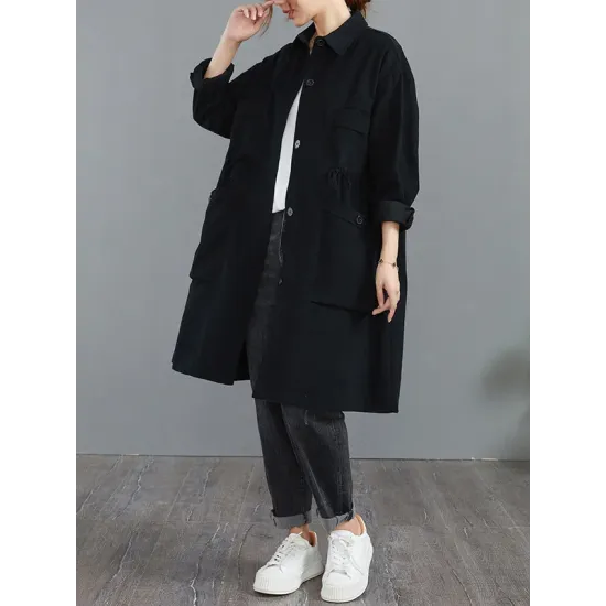 Casual Loose Solid Color Buttoned Lapel Collar Long Sleeves Trench Coat Casual Loose Solid Color Buttoned Lapel Collar Long Sleeves Trench Coat