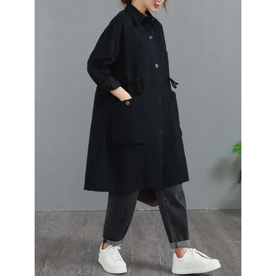 Casual Loose Solid Color Buttoned Lapel Collar Long Sleeves Trench Coat Casual Loose Solid Color Buttoned Lapel Collar Long Sleeves Trench Coat