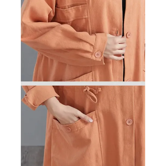 Casual Loose Solid Color Buttoned Lapel Collar Long Sleeves Trench Coat Casual Loose Solid Color Buttoned Lapel Collar Long Sleeves Trench Coat