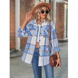 Casual Loose Buckle Plaid Polo Shirt Top