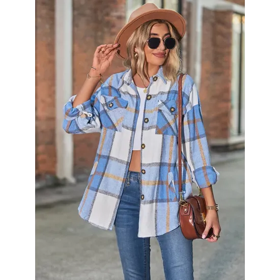 Casual Loose Buckle Plaid Polo Shirt Top Casual Loose Buckle Plaid Polo Shirt Top