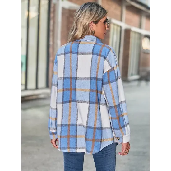 Casual Loose Buckle Plaid Polo Shirt Top Casual Loose Buckle Plaid Polo Shirt Top
