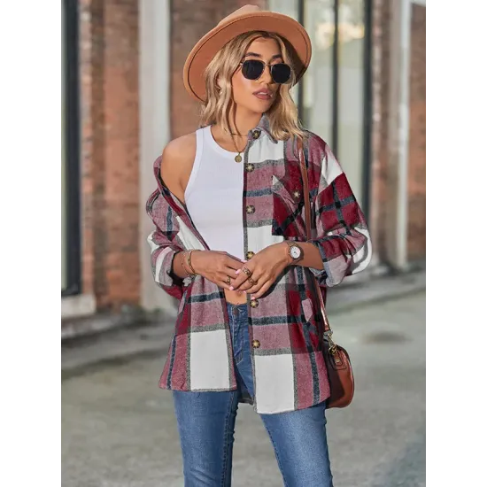 Casual Loose Buckle Plaid Polo Shirt Top Casual Loose Buckle Plaid Polo Shirt Top