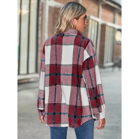 Casual Loose Buckle Plaid Polo Shirt Top Casual Loose Buckle Plaid Polo Shirt Top