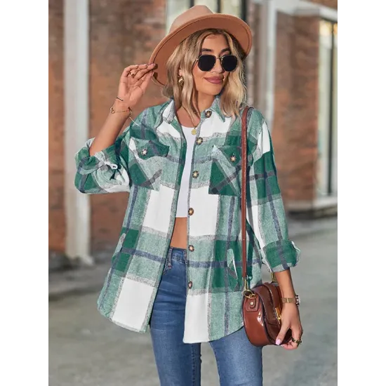 Casual Loose Buckle Plaid Polo Shirt Top Casual Loose Buckle Plaid Polo Shirt Top