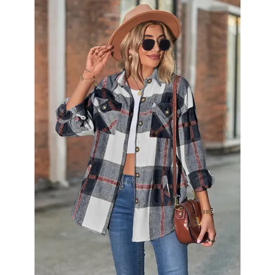 Casual Loose Buckle Plaid Polo Shirt Top Casual Loose Buckle Plaid Polo Shirt Top