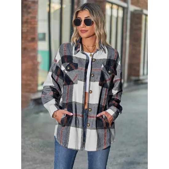 Casual Loose Buckle Plaid Polo Shirt Top Casual Loose Buckle Plaid Polo Shirt Top