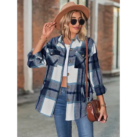 Casual Loose Buckle Plaid Polo Shirt Top Casual Loose Buckle Plaid Polo Shirt Top