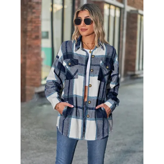 Casual Loose Buckle Plaid Polo Shirt Top Casual Loose Buckle Plaid Polo Shirt Top