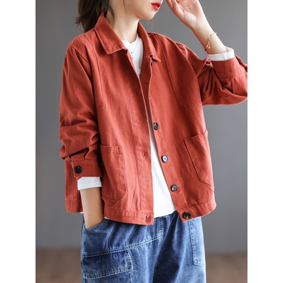 Vintage Loose Long Sleeves Buttoned Solid Color Lapel Collar Outerwear Vintage Loose Long Sleeves Buttoned Solid Color Lapel Collar Outerwear