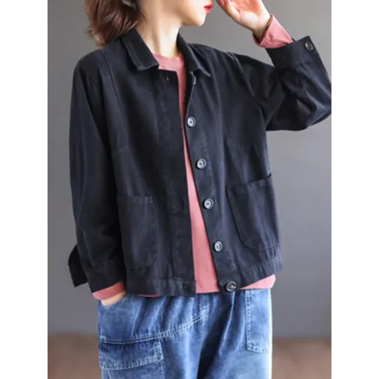 Vintage Loose Long Sleeves Buttoned Solid Color Lapel Collar Outerwear Vintage Loose Long Sleeves Buttoned Solid Color Lapel Collar Outerwear