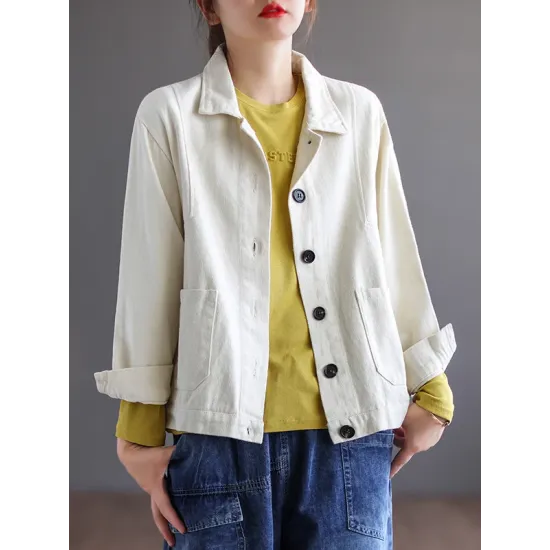 Vintage Loose Long Sleeves Buttoned Solid Color Lapel Collar Outerwear Vintage Loose Long Sleeves Buttoned Solid Color Lapel Collar Outerwear