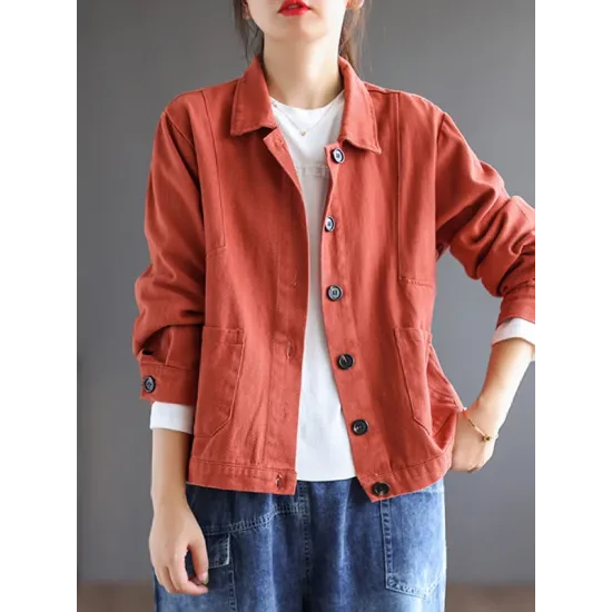 Vintage Loose Long Sleeves Buttoned Solid Color Lapel Collar Outerwear Vintage Loose Long Sleeves Buttoned Solid Color Lapel Collar Outerwear